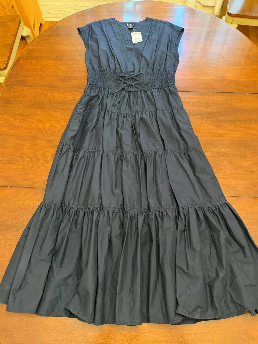 NWT Nicole Miller New York Navy Smocked Waist Tiered Cotton Midi Dress Size L - Picture 3 of 6